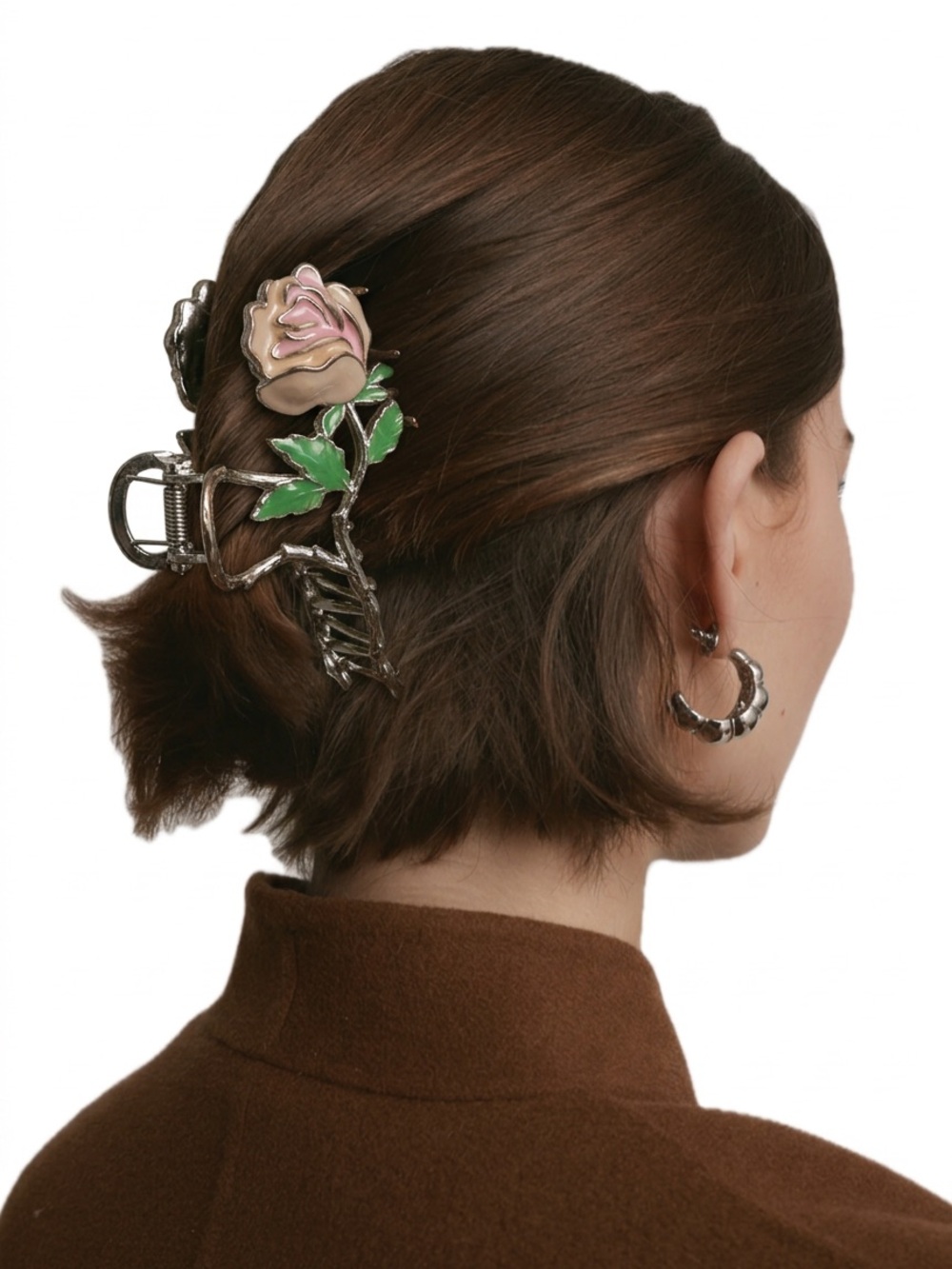 Pink and Beige Rose Hair Claw Clip with Green Leaves